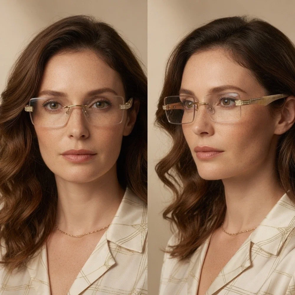 Women Rimless Clear Lens Tint Marble Arm Gold Frame Diamond Sunglasses Gafas New